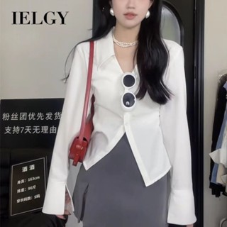 Ielgy ใหม่ เสื้อท็อปส์ คอวี รัดรูป สีขาว หรูหรา สไตล์เรโทร สําหรับผู้หญิง