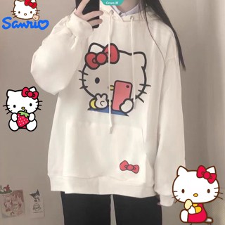 SANRIO เสื้อแจ็กเก็ตกันหนาว แขนยาว มีฮู้ด พิมพ์ลายการ์ตูน Hello Kitty ทรงหลวม เหมาะกับของขวัญวันเกิด สําหรับเด็กผู้หญิง