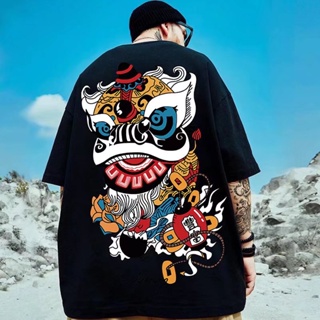 M-8XL Summer national tide Hong Kong style lion dance round neck short-sleeved T-shirt men and women couples trend _03