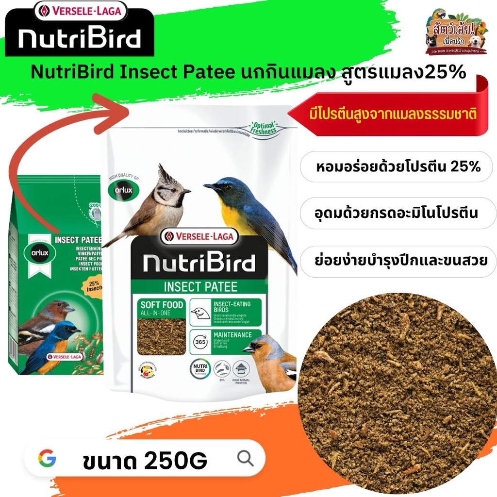 อาหารนกนูทริเบิร์ด 
 NutriBird Insect patee อาหารสำหรับนกกินแมลง สูตรแมลง25% ถุงแพ็คเกจ 250g