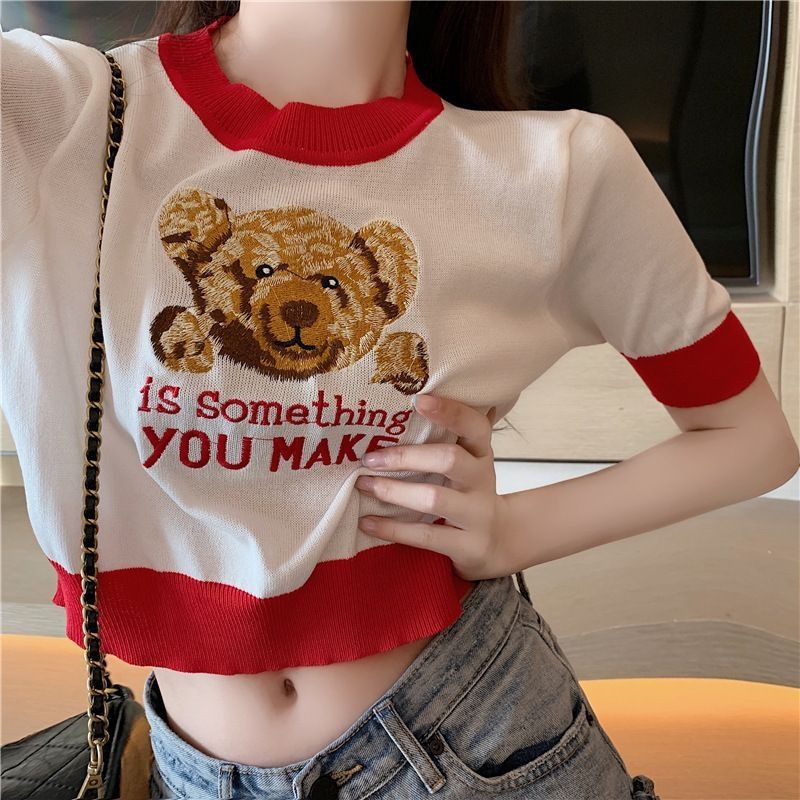 Elves✨พร้อมส่ง✨เสื้อไหมพรมแขนสั้นน้อนหมีน่ารัก🐻*7201 - รูปที่ 4