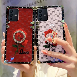 เคสโทรศัพท์มือถือ ขอบตรง กันกระแทก ลายดอกกุหลาบ ประดับเพชร พร้อมแหวนนิ้ว สําหรับ Vivo V23 V23e V21E V21