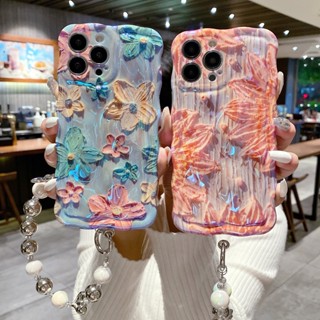 เคสโทรศัพท์มือถือ TPU กันกระแทก ลายภาพวาดสีน้ํามัน รูปคลื่น ดอกไม้ พร้อมสายคล้อง สําหรับ Apple IPhone 14 13 12 11 Pro Max