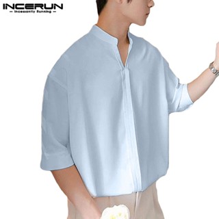 Incerun เสื้อเชิ้ตลําลอง คอวี แขนสั้น ขนาดเล็ก สีพื้น