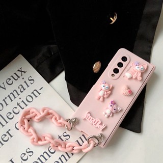 เคสโทรศัพท์มือถือแบบแข็ง กันกระแทก พร้อมสายโซ่คล้องมือ สีชมพู สําหรับ Samsung Galaxy Z Fold 4 3 Fold4 Fold3 5G