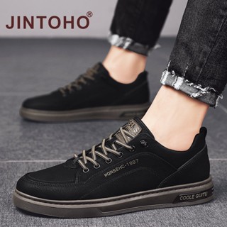 Jintoho รองเท้าผ้าใบลําลอง แบบหนัง ยาง สีดํา แฟชั่นสําหรับผู้ชาย