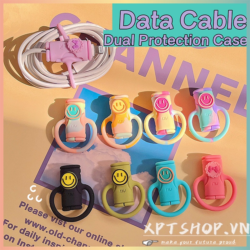 【Dual Protectors】ปลอกซิลิโคน ป้องกันสายชาร์จ Type-c ลายหน้ายิ้ม สําหรับ iPhone Android
