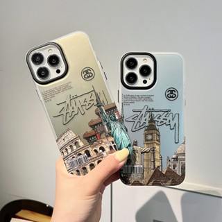 เคสป้องกันโทรศัพท์มือถือ ชุบเงิน สองด้าน ลายอาคารชื่อดัง Stussy สําหรับ iPhone 11 14 12 13 Pro Max