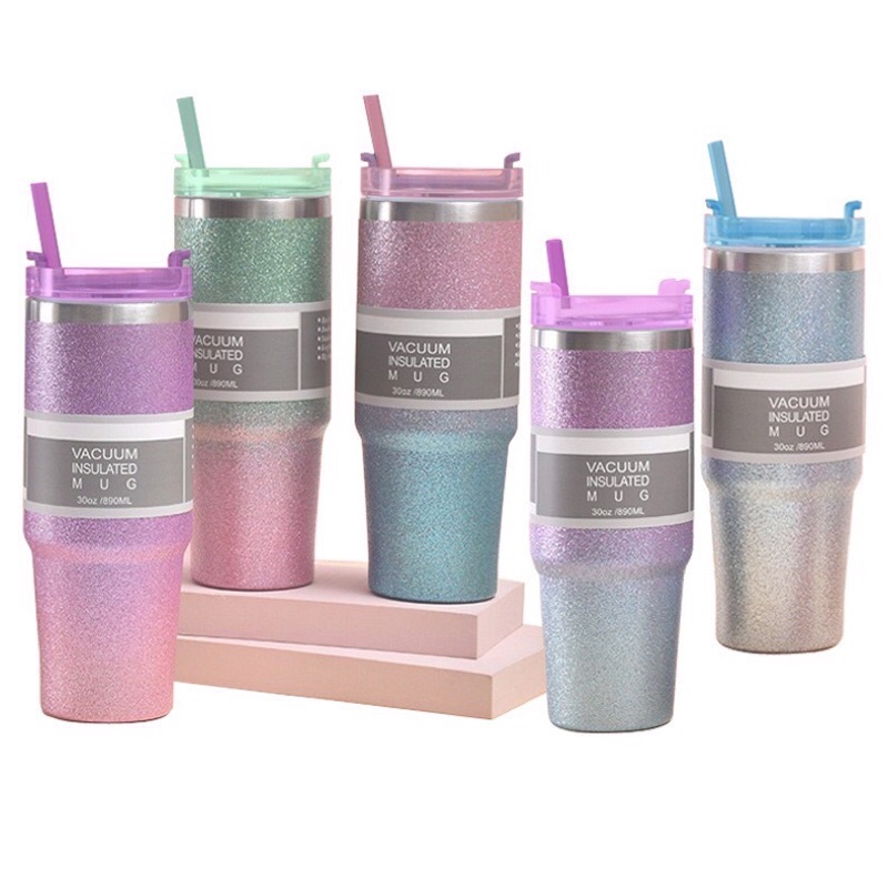 ส่งภายใน48ชม. แก้วเยติ เก็บความเย็น สเเตนเลส สีกากเพชร ขนาด 30ออน เเถมฟรีหลอด