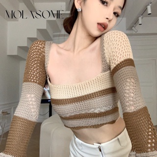 Molasome เสื้อยืดแขนยาว คอสี่เหลี่ยม เข้ารูป สีตัดกัน สไตล์เกาหลี สําหรับผู้หญิง 2023