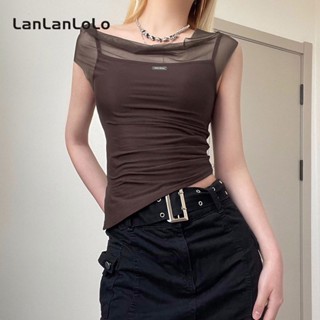 Lanlanlolo เสื้อท็อปลําลอง คอกลม แขนกุด ผ้าตาข่ายซีทรู ทรงไม่สมมาตร สีพื้น เซ็กซี่ สําหรับสตรี 2023