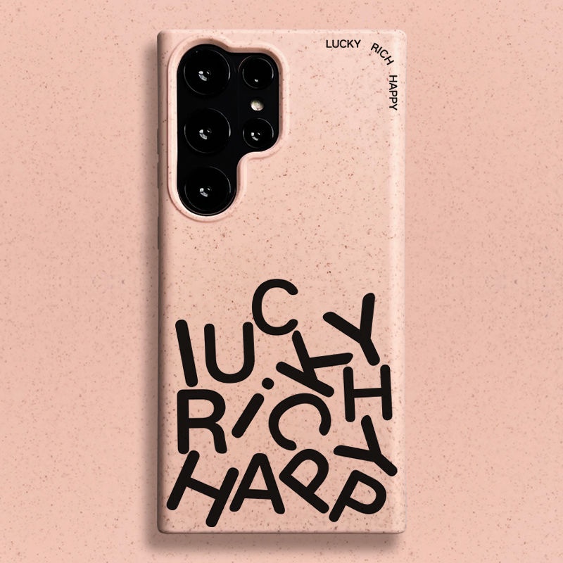 เคสอ่อนวัสดุฟางข้าว พิมพ์ลายข้อความ "HAPPY RICH" ผิวแมตต์ละเอียด ครอบคลุมทั้งเครื่อง กันกระแทก สำหรับ Samsung S26 Ultra, S25 Ultra, S24 FE, S24U, S23 Ultra, A56, A17, A37