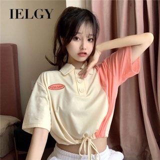 IELGY เสื้อยืดแขนสั้น คอปกโปโล โชว์สะดือ สําหรับผู้หญิง