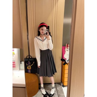 DWOV MIU MIU 2023 spring and summer new cute young navy collar shirt slimming pleated skirt mid-length single shot