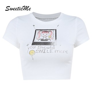 Sweeticme เสื้อยืดคอกลม แขนสั้น พิมพ์ลาย แนวสตรีท เข้ารูป แฟชั่นใหม่ สําหรับผู้หญิง 2023