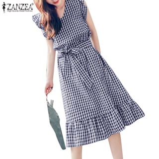 Zanzea ชุดเดรส คอวี แขนกุด ลําลอง ลายสก๊อต พร้อมเข็มขัด สไตล์เกาหลี สําหรับผู้หญิง