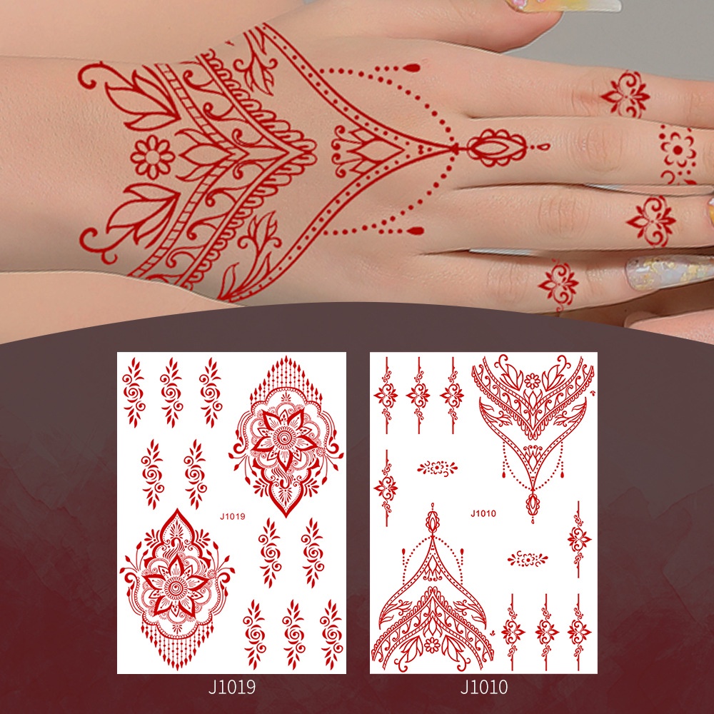 สติกเกอร์รอยสักชั่วคราว กันน้ํา ลายดอกไม้ Mandala Mehndi สีแดง สีขาว สําหรับผู้หญิง งานแต่งงาน งานเทศกาล