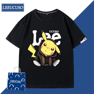 ใหม่ เสื้อยืด ผ้าฝ้าย พิมพ์ลาย Pikachu อเนกประสงค์ สีดํา สําหรับคู่รัก