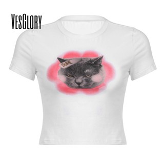 Vesglory ใหม่ เสื้อยืดแขนสั้นลําลอง เข้ารูป พิมพ์ลายการ์ตูนแมว สีตัดกัน เรียบง่าย แฟชั่นสําหรับสตรี 2023