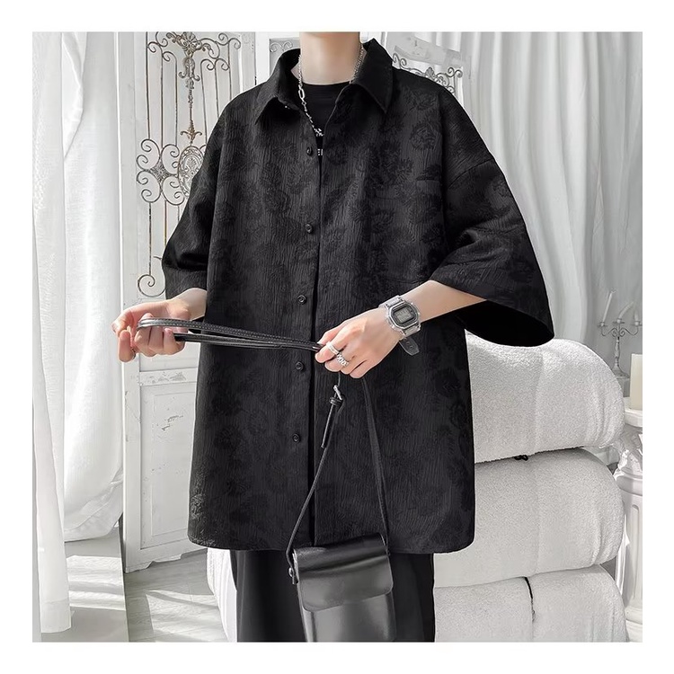 สีดําหล่อดอกไม้แขนสั้นเสื้อผู้ชายM-2XLฤดูร้อนหลวมเสื้อลําลองStreetสวมใส่ผู้ชายรูปแบบสีเข้มออกแบบNich