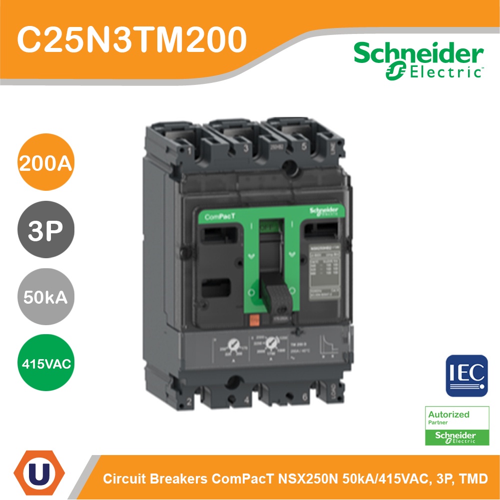 Schneider Circuit breaker, ComPacT NSX250N, 50kA/415VAC, 3 poles, TMD trip unit 200A | C25N3TM200 สั