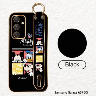 เคสโทรศัพท์มือถือแบบนิ่ม ขอบสี่เหลี่ยม ลายการ์ตูนมิกกี้ มินนี่เมาส์ พร้อมสายคล้องข้อมือ หรูหรา สําหรับ Samsung Galaxy A54 A34 A24 A14 M14 5G A04