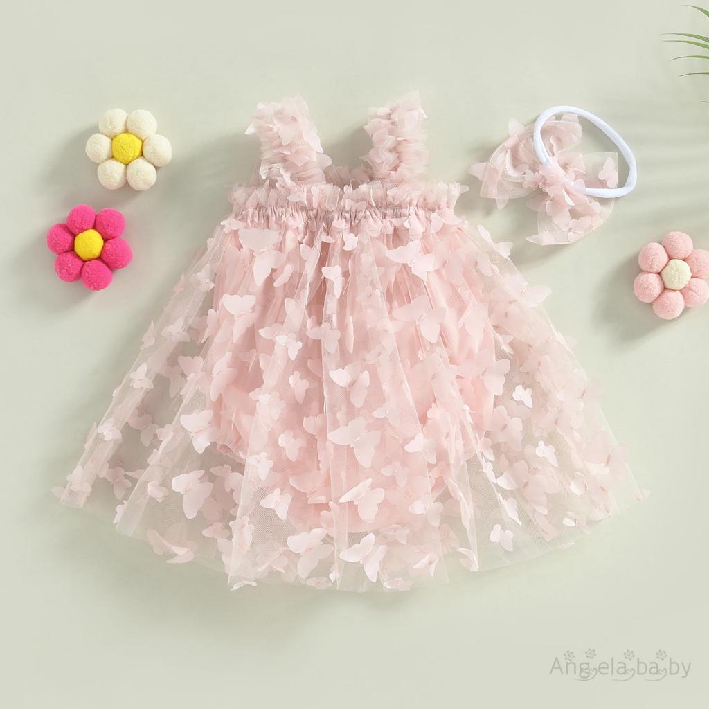 Hian-3-24 MONTHS เด็กทารก 2 ชิ้นชุดฤดูร้อน, แขนกุด 3D ผีเสื้อ Tulle บอดี้สูท + ชุดแถบคาดศีรษะ