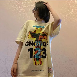 123 F-O-G เสื้อยืดคอกลม แขนสั้น พิมพ์ลายไม้กางเขน ทรงหลวม สไตล์อเมริกัน สตรีท CFKJR