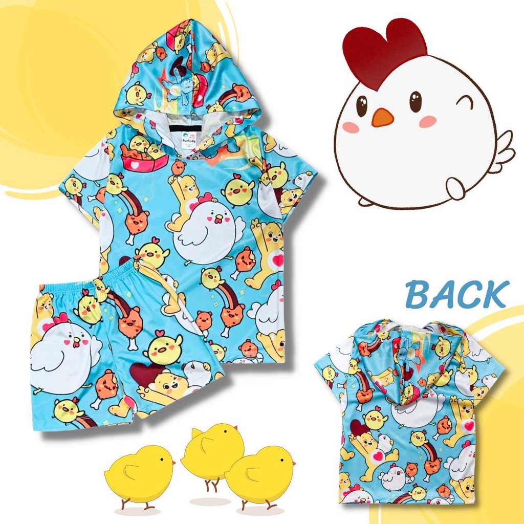 CHK0847 เสื้อผ้าเด็ก เสื้อแขนสั้น(ฮู้ด)+กางเกงขาสั้น เนื้อผ้าไมโครเกรดA ลายไก่ / พี่หมี ชุดเด็กแฟชั่น ชุดเด็กลายการ์ตูน