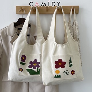 Camidy Off-white กระเป๋าผ้าแคนวาสหญิงใบเล็กสีแดงพิมพ์ลายดอกไม้นักเรียนกระเป๋าสะพายติว