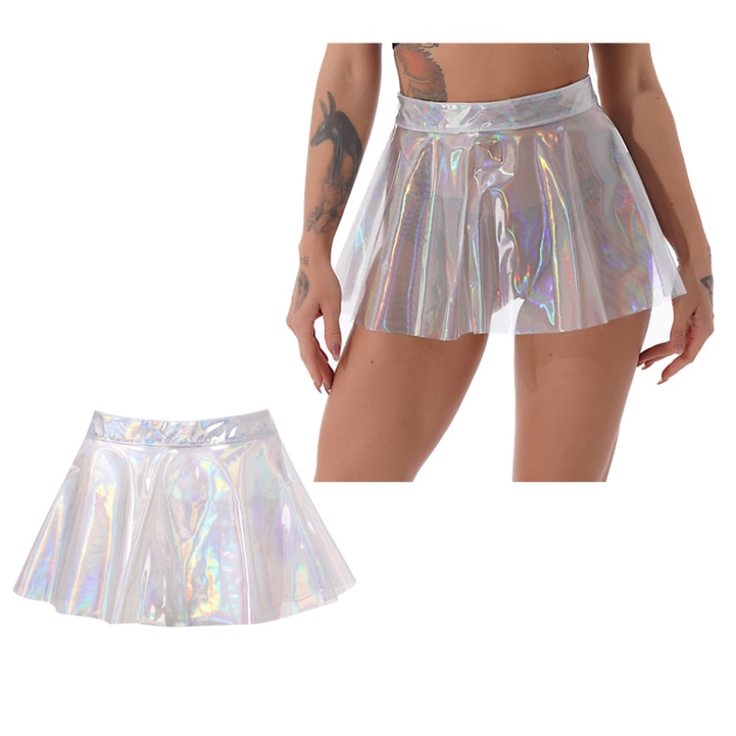 ผู้หญิงดูผ่านกระโปรงบาน Clubwear Glossy เงาเอวสูงซิปกลับ Miniskirt