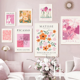 โปสเตอร์ภาพวาดผ้าใบ ลาย Pink Matisse Picasso Flower Market สไตล์นอร์ดิก สําหรับตกแต่งผนังบ้าน ห้องนั่งเล่น