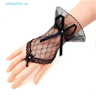 Tuilieyfish ถุงมือสั้น ซีทรู แต่งลูกไม้ ประดับโบว์ สไตล์วินเทจ