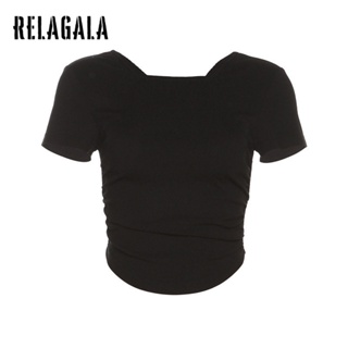 Relagala ใหม่ เสื้อยืดลําลอง แขนสั้น คอสี่เหลี่ยม เข้ารูป สีพื้น เซ็กซี่ แฟชั่นสําหรับสตรี 2023