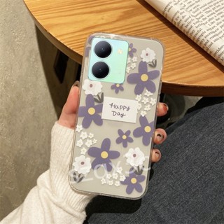 พร้อมส่ง เคสโทรศัพท์มือถือ TPU นิ่ม แบบใส ปิดด้านหลัง ลายดอกไม้น่ารัก สีม่วง สีเขียว สําหรับ VIVO Y36 V27 V27e iQOO Z7 Z7x Y35 Y22S Y16 V25 V25e Y22 4G 5G 2023