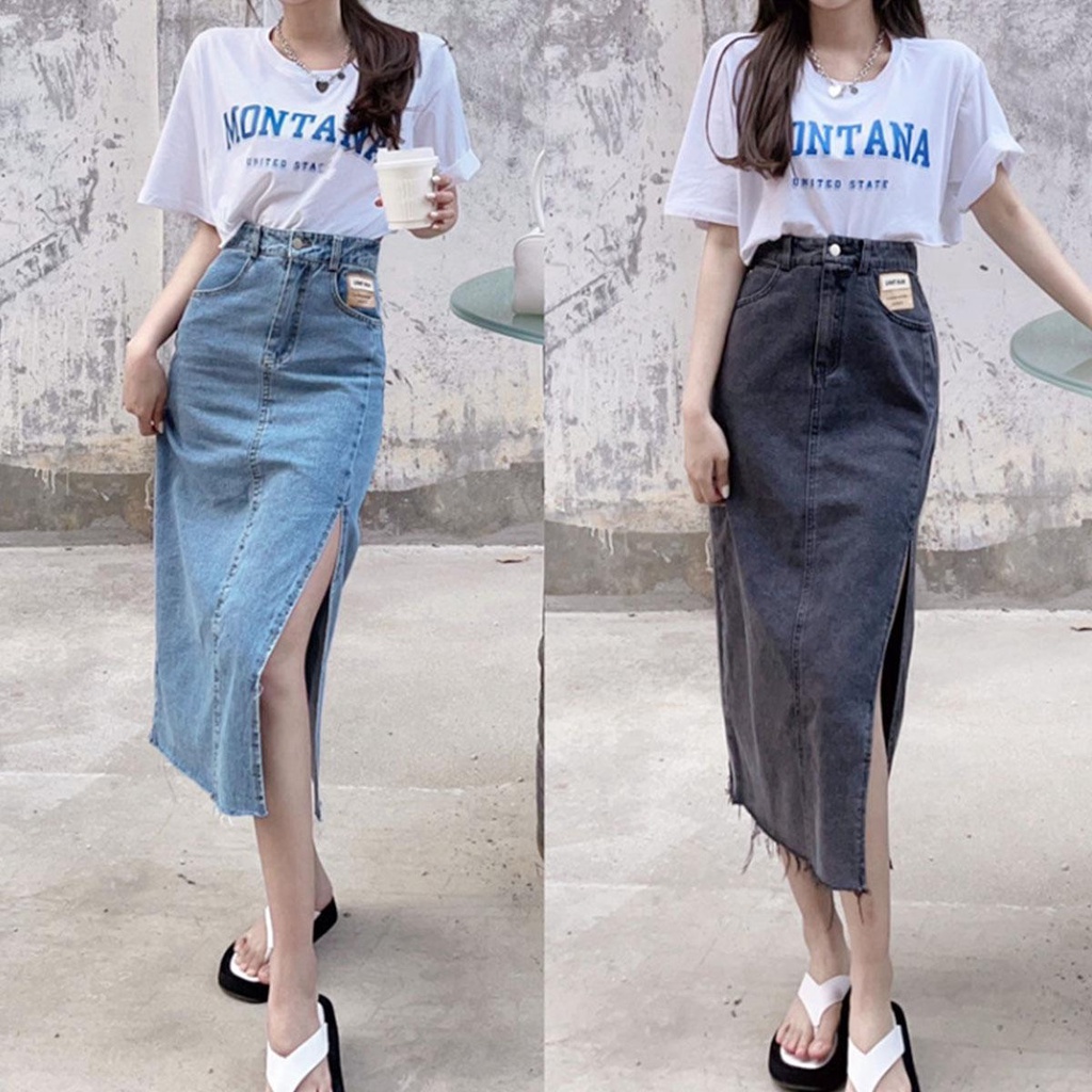 KOKO J7003 กระโปรงยีนส์เอวสูง กระโปรงยีนส์ยาวปานกลางผ่าข้าง แนวหวาน สไตล์เกาหลี