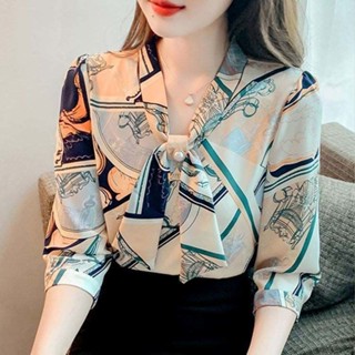 Short Sleeve/Seven Sleeve Printed Chiffon Shirt Womens Spring and Summer 2023 New Design Sense Elegant Long Sleeve Top