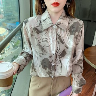 เสื้อเชิ้ต คอปก แขนพอง พิมพ์ลาย หรูหรา เหมาะกับฤดูใบไม้ผลิ สไตล์สตรีท สําหรับผู้หญิง