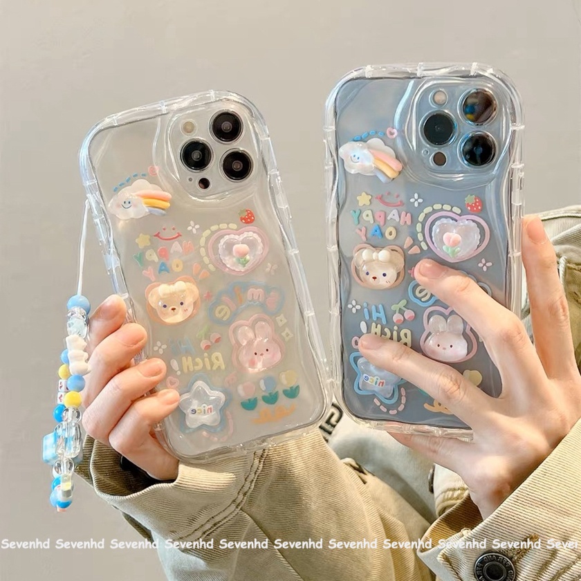 เคสโทรศัพท์มือถือนิ่ม ขอบตรง ลายตุ๊กตาหมีน้อยน่ารัก พร้อมสายโซ่คล้อง สําหรับ iPhone 15 14 13 12 11 P