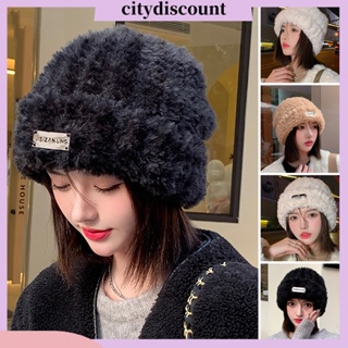 &lt;citydiscount&gt; หมวกบีนนี่ ผ้ากํามะหยี่ขนนิ่ม ลายโลโก้ตัวอักษร ไร้ขอบ สีพื้น ให้ความอบอุ่น แฟชั่นฤดูใบไม้ร่วง ฤดูหนาว สําหรับผู้หญิง