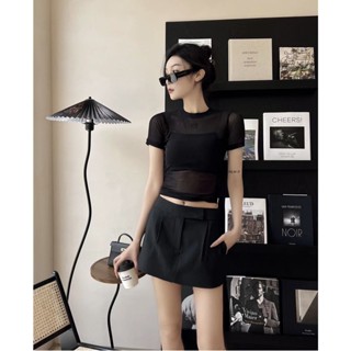 UDXK Alexander Wang @ 23 spring and summer new pure style hot diamond letter mesh perspective slim fit short all-match top