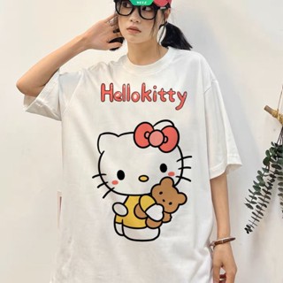 SANRIO เสื้อยืดแขนสั้นลําลอง ทรงหลวม พิมพ์ลายกราฟฟิติ Hello Kitty แฟชั่นฤดูร้อน สําหรับนักเรียนหญิง