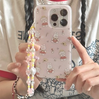 เคสโทรศัพท์มือถือ ซิลิโคน กันกระแทก ลายดอกไม้ กระต่ายน่ารัก พร้อมสายโซ่คล้อง สองชั้น สําหรับ Iphone 14 12 11 13 pro max 14Promax 12 11