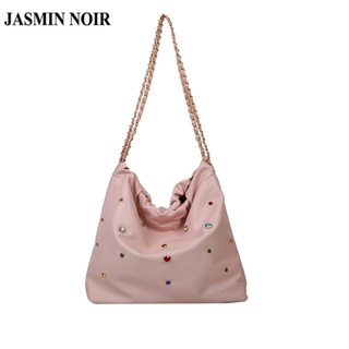 Jasmin NOIR กระเป๋าสะพายไหล่ กระเป๋าถือ หนัง PU ขนาดใหญ่ แต่งสายโซ่คล้อง ประดับเพชร สําหรับสตรี