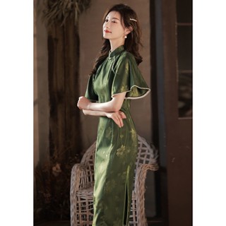 ใหม่ ชุดกี่เพ้า แขนแต่งระบาย ขนาดใหญ่ สีเขียวเข้ม แฟชั่นฤดูร้อน สไตล์สาธารณรัฐเรโทร 2023