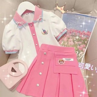 (พร้อมส่ง)  ชุดเด็ก เสื้อ+กระโปรงสีชมพู ผ้าดีน่ารักมาก