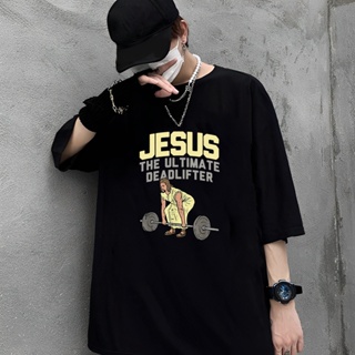 เสื้อยืดคุณภาพดี    เสื้อยืด พิมพ์ลาย Deadlift Jesus I Christian สําหรับออกกําลังกาย ยกน้ําหนัก เสื้อยืดพิมพ์คุณภาพสูง