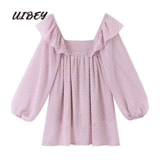 Uibey ชุดเดรส คอสี่เหลี่ยม ผ้าตาข่าย สีพื้น แฟชั่น 2096