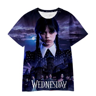 เสื้อยืดลําลอง แขนสั้น คอกลม พิมพ์ลายภาพยนตร์ Wednesday Addams 3 มิติ โอเวอร์ไซซ์ แฟชั่นฤดูร้อน สไตล์ฮาราจูกุ สําหรับเด็กผู้ชาย ผู้หญิง