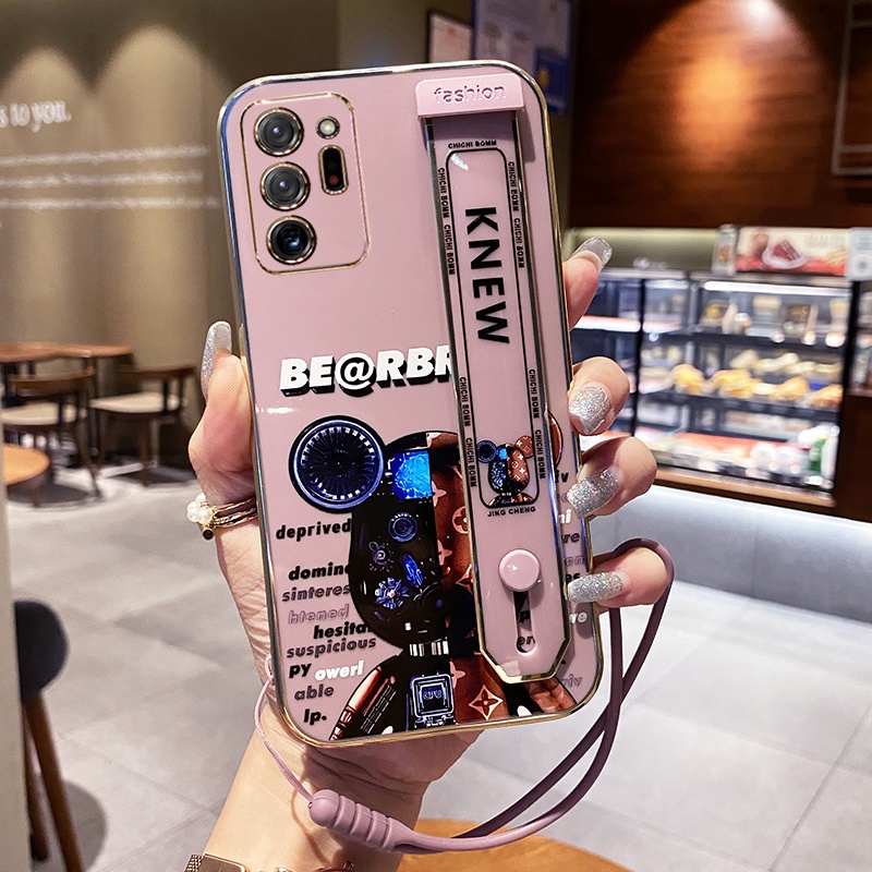 เคส Samsung Galaxy Note 10 Pro Note 20 Ultra Note 10 Lite A81 Note 9 8 หรูหรา ชุบไฟฟ้า หมีโหด สายรัดข้อมือ เคสโทรศัพท์ นุ่ม + สายคล้อง